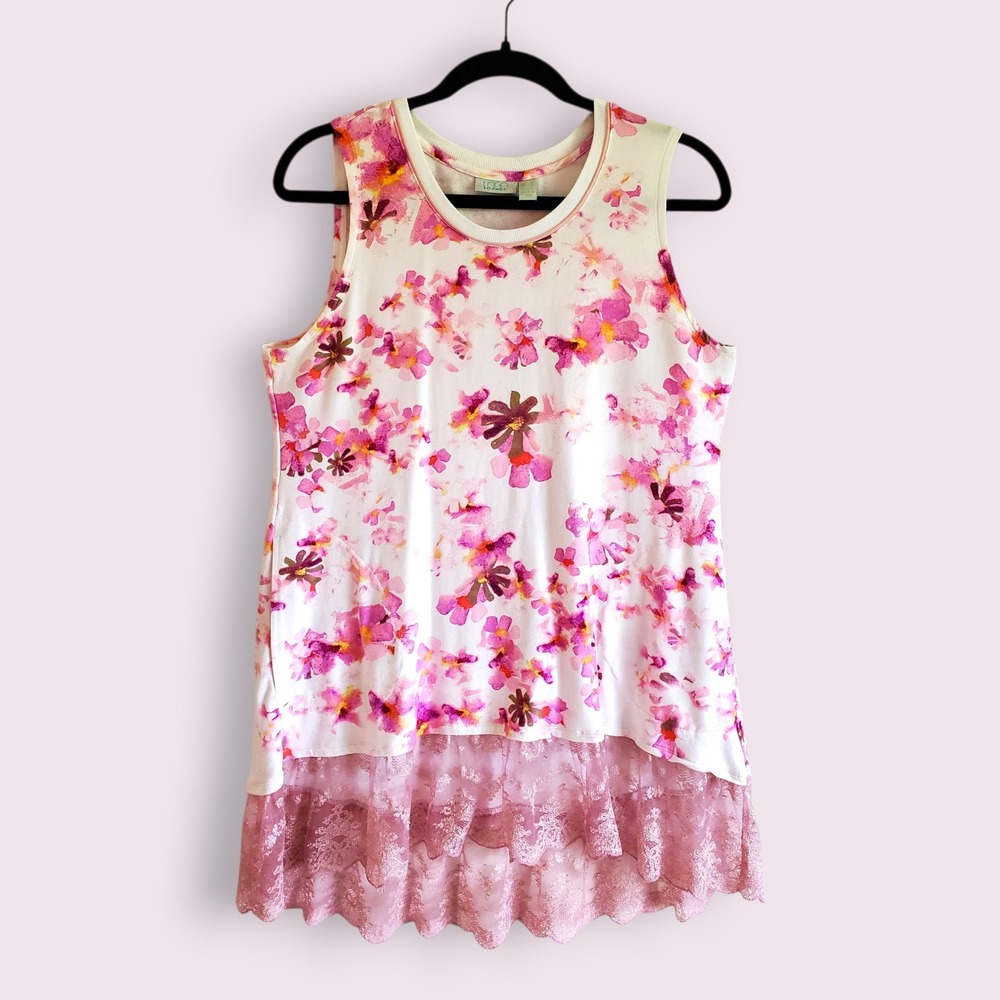Logo Lounge Women's‎ Floral Tank Top Tunic White Pink Lace Trim Sleeveless